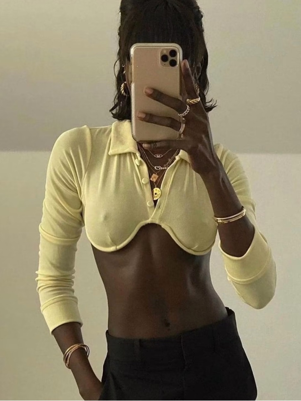 Pale Yellow Cropped Long-Sleeve Top